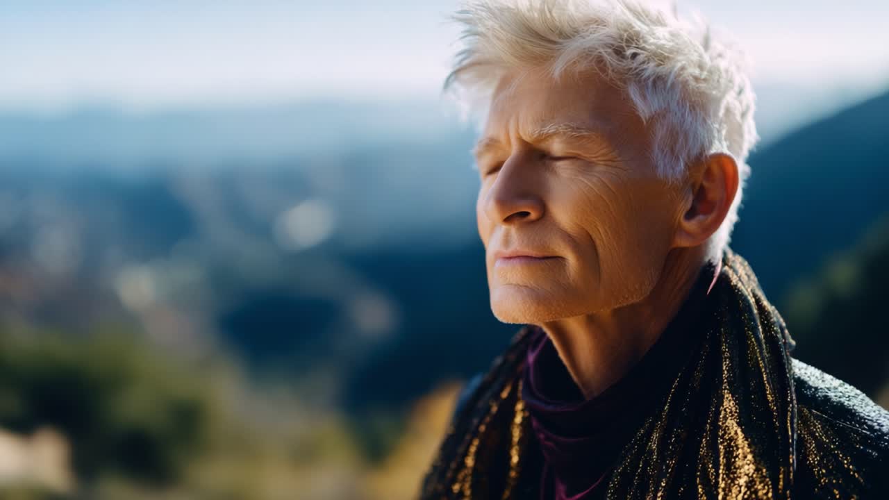 A thoughtful gaze of a silver-haired man against a serene mountain backdrop, capturing a moment of reflection and connection with nature's breathtaking beauty