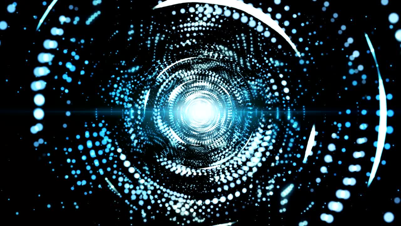 Seamless loop, digital abstract white blue glamour tunnel with lights and magic dust particles, background for celebration.