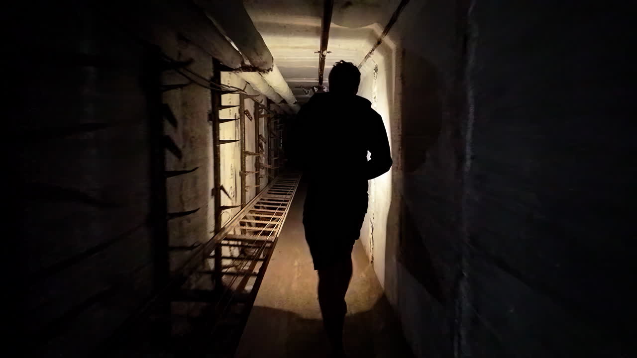 persona camina a través de un túnel subterráneo oscuro, silueta iluminada por una tenue luz superior