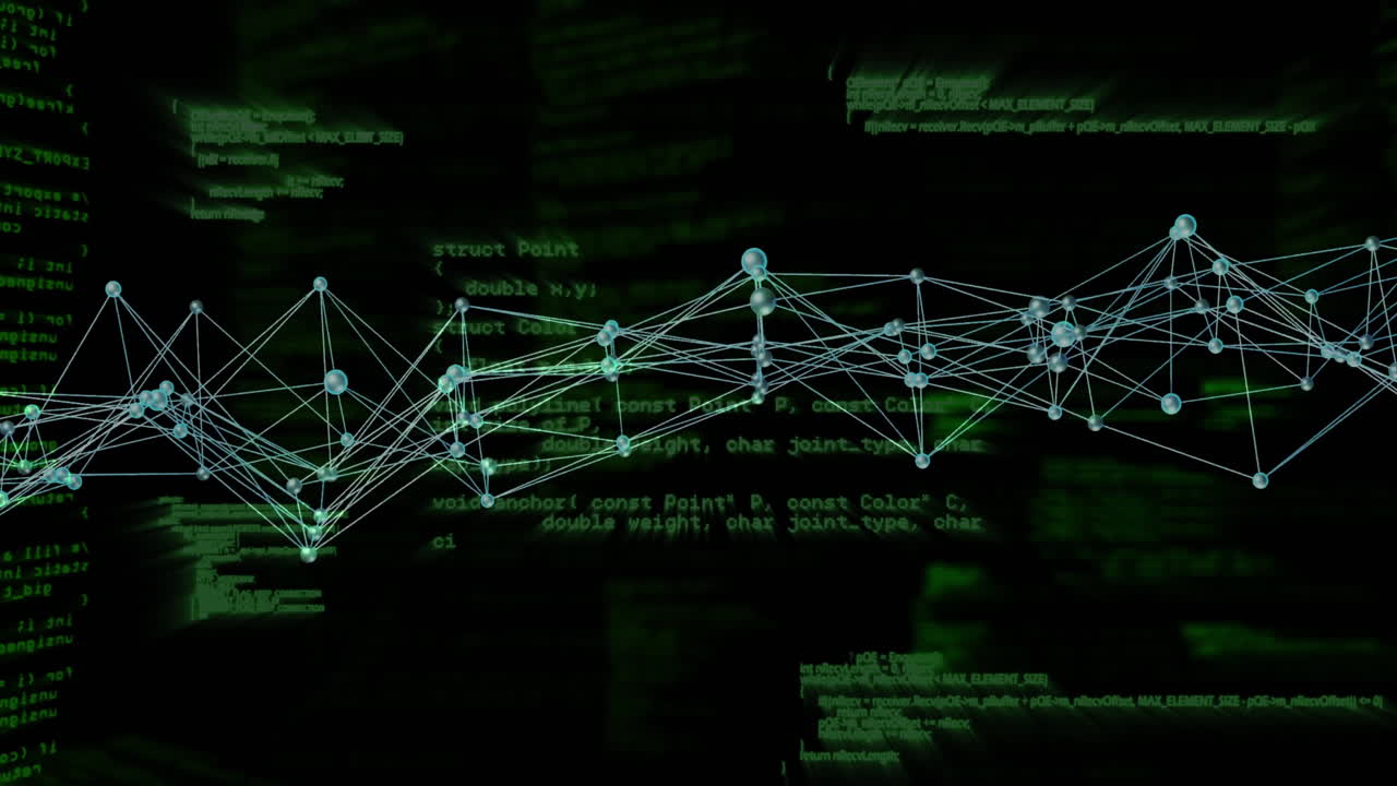 Animation of network of connections and data processing on black background