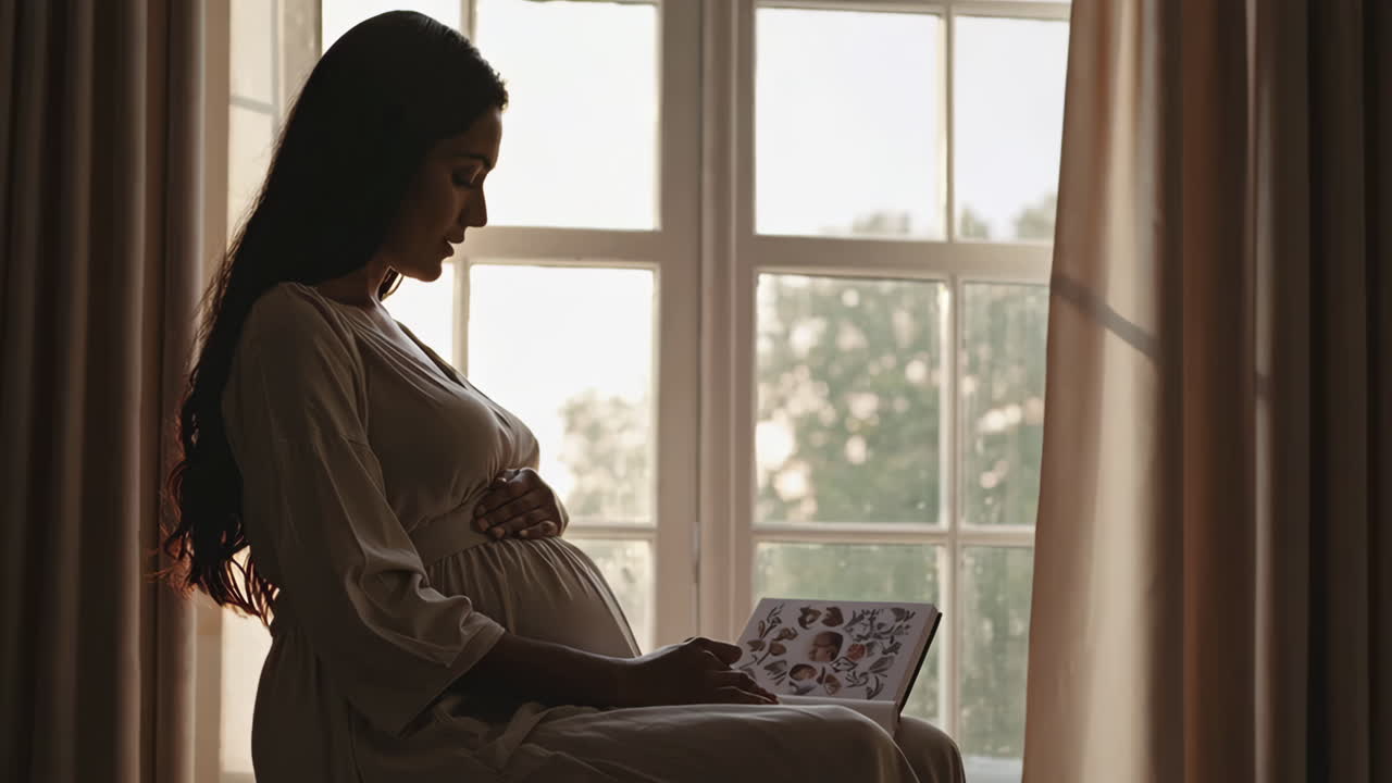 임신 한 여자 가 창문  에서 책 을 읽고 있다