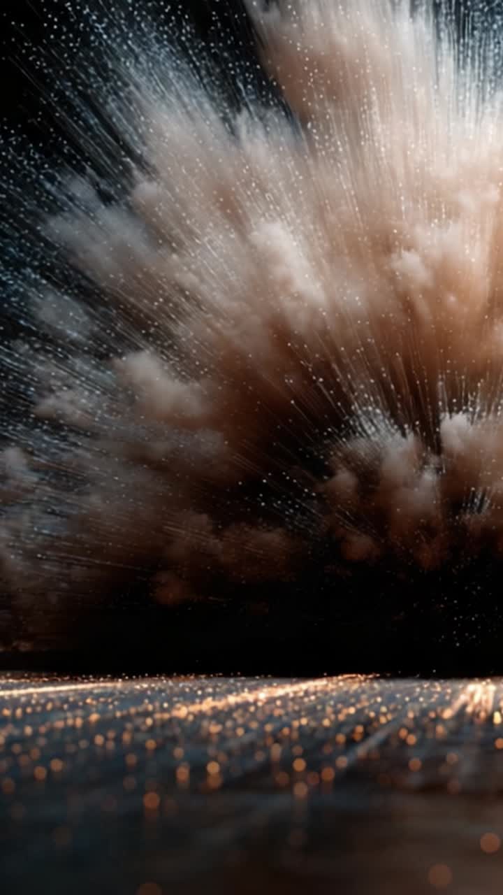 Una straordinaria esplosione di particelle e polvere che crea un'immagine suggestiva di movimento dinamico e contrasto in spazi bui con bagliori di luce.