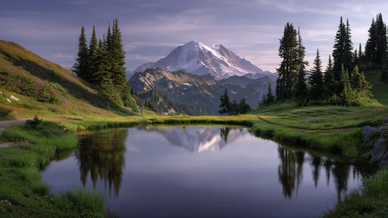Paesaggio mozzafiato con il riflesso di una montagna maestosa in acque tranquille, tra una vegetazione lussureggiante e imponenti alberi sempreverdi in un ambiente sereno.