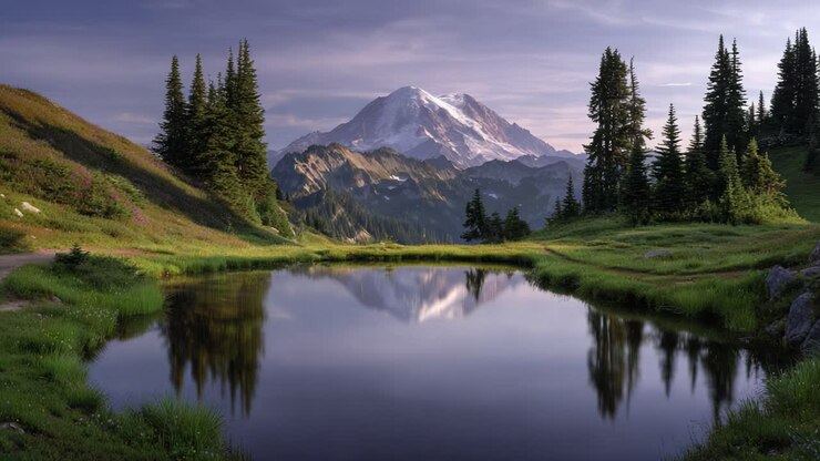 Paesaggio mozzafiato con il riflesso di una montagna maestosa in acque tranquille, tra una vegetazione lussureggiante e imponenti alberi sempreverdi in un ambiente sereno.