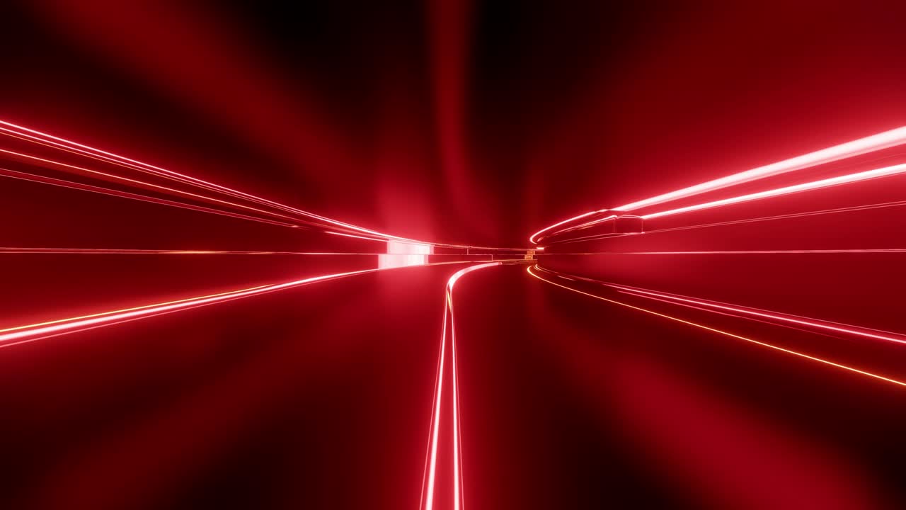 네온 조명, 카메라가 터널을 날아다니며, 네온 조명이 박이는 4k 루프 추상 하이테크 터널, 사이버 크 스타일의 은 오렌지색 배경.