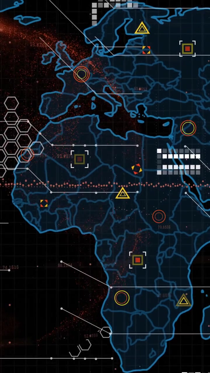 Animation of data processing over world map on dark background