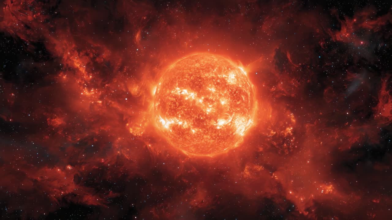 Et fantastisk himmelsk skue af en strålende stjerne omgivet af en kosmisk sky i rummet, der oplyser mørket med ildfuld glans og ærefrygtindgydende skønhed.