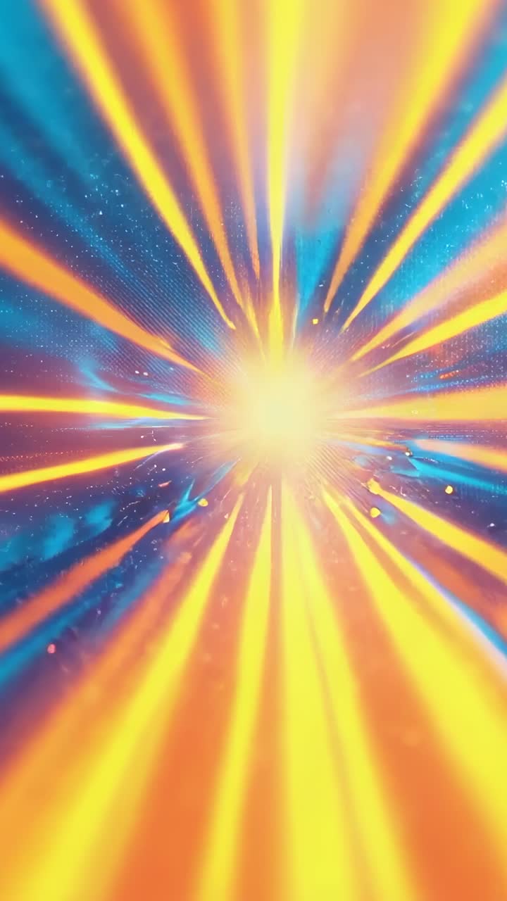 Vertical video: Activating orb intensifying beams creating tunnel in digital void with particles