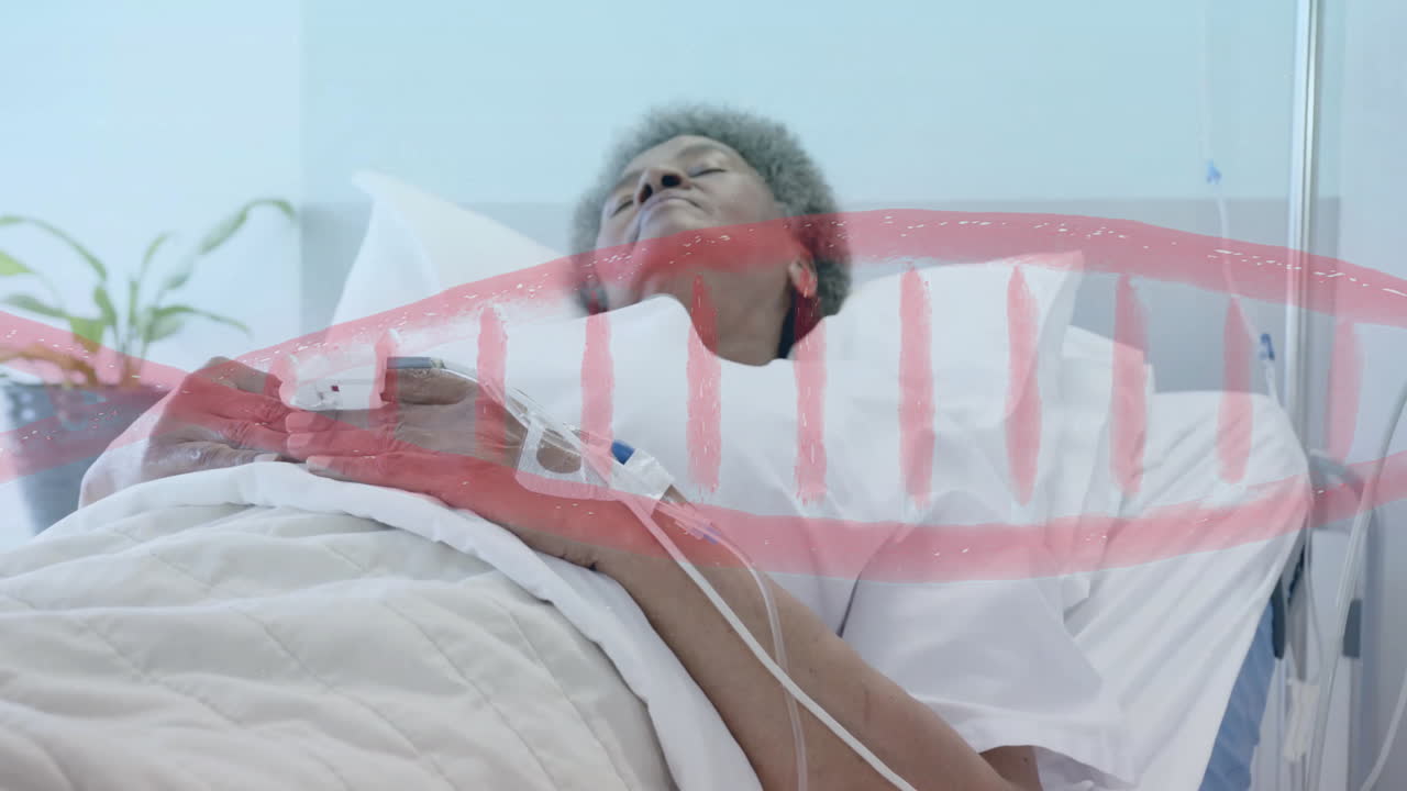 animación de una cadena de adn sobre una paciente afroamericana en el hospital