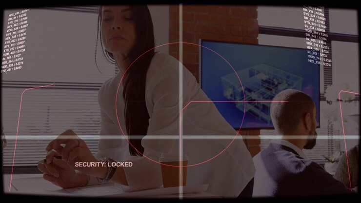 Woman writing on notepad pausing and looking up as HUD 'SECURITY: LOCKED' crosshair centering torso