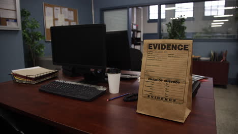 evidence bag zoom out in police station empty shot