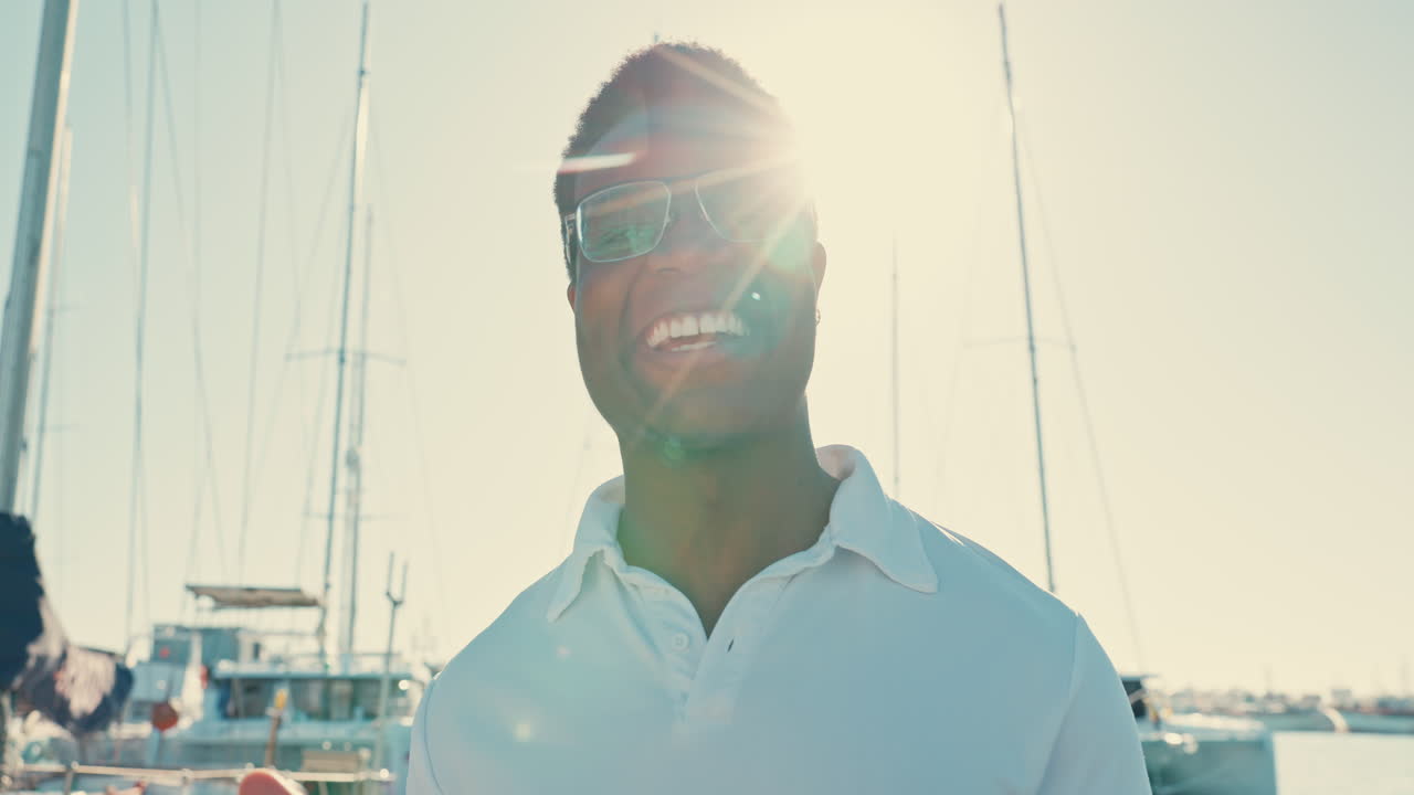 Face, black man and call me on boat port