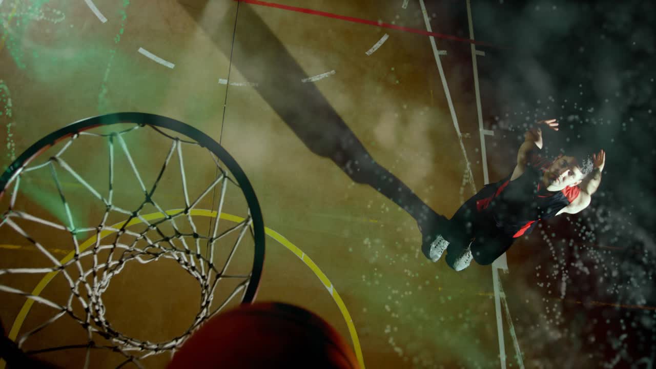 Sports technology mapping player dribbling past key, releasing jump shot with overlays for scoring