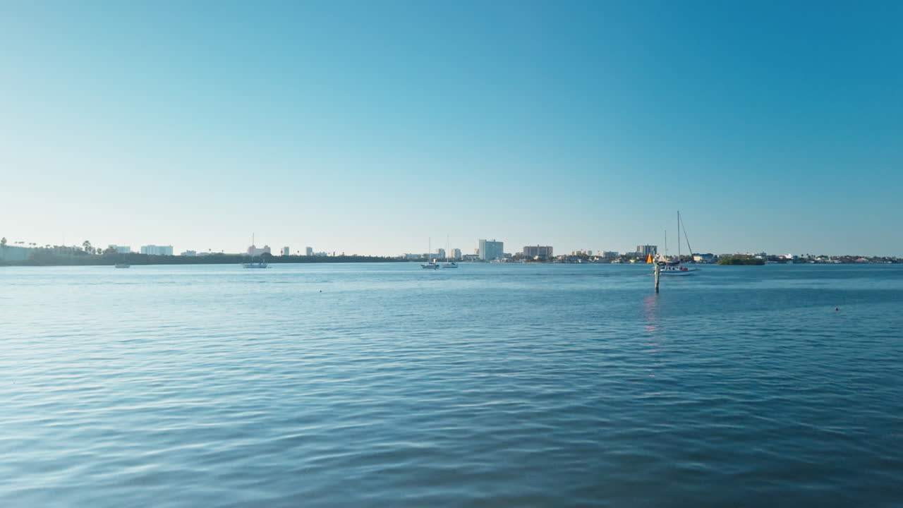 Glass like blue water ripples subtly beneath a bright sky with Clearwater Florida skyline on the horizon, panoramic establishing across Saint Joseph Sound