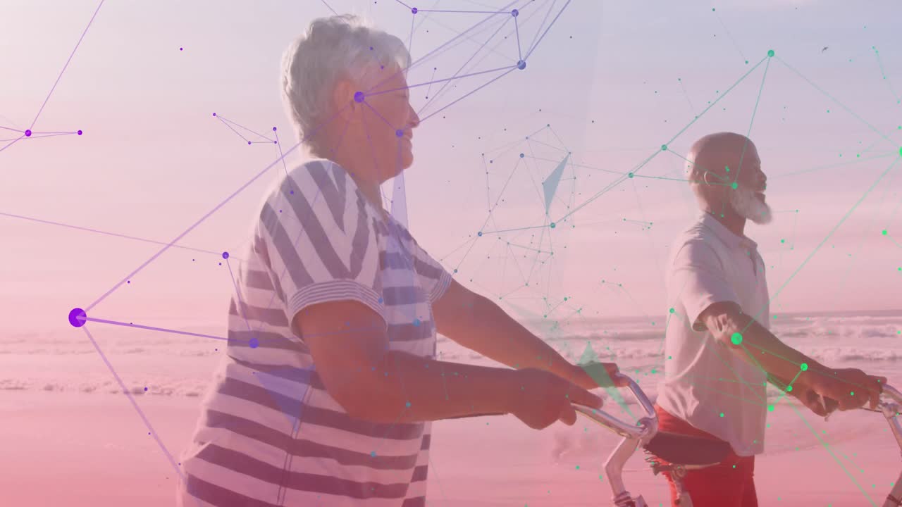 animación de formas sobre una feliz pareja de ancianos afroamericanos con bicicletas en la playa
