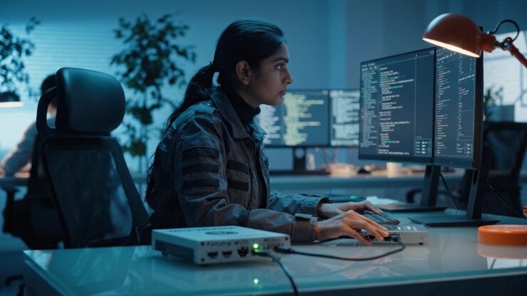 Fokuseret professionel, der arbejder på flere skærme i et højteknologisk kontormiljø, analyserer data og administrerer softwareudviklingsopgaver om natten.