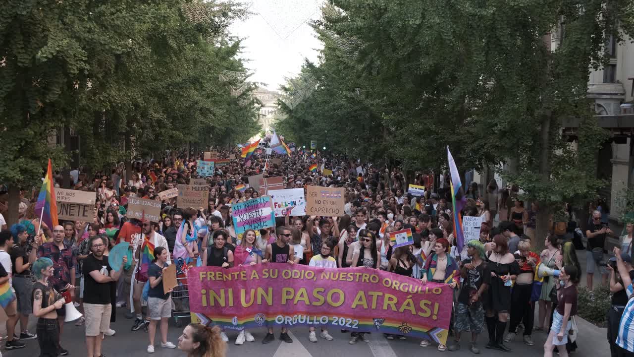 GRANADA, SPAIN - JUNE 28, 2022: Many people at the pride manifestation, LGBT+ community
