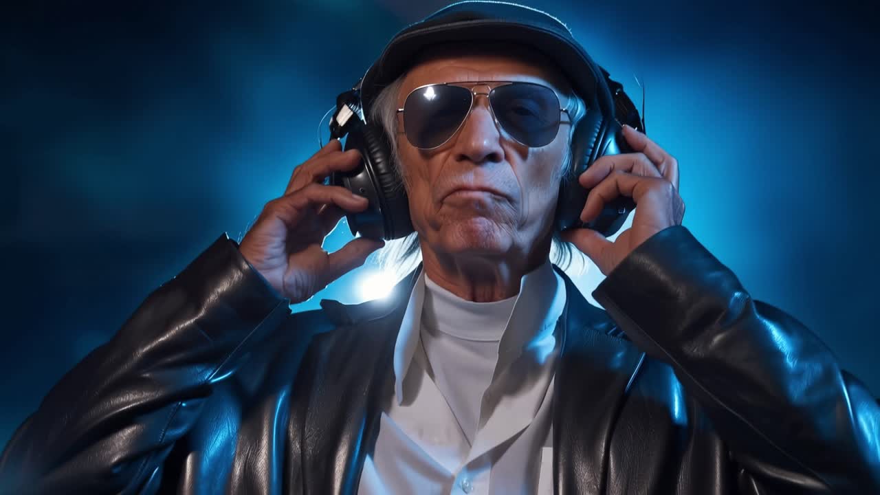 Old man adjusts headphones with focused calm. Dark jacket gleams under cool blue light. Sunglasses and cap complete his cool look. He listens intently, lost in music. Perfect for music, film