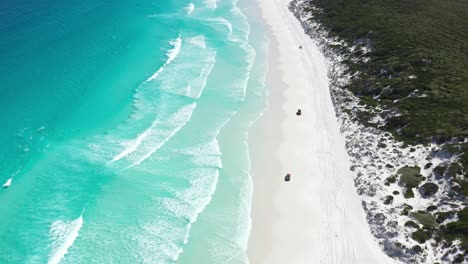 Ausgezeichnete-Luftaufnahme-Von-Autos-Und-Lastwagen,-Die-Auf-Dem-Weißen-Sand-Von-Wharton-Bay-Fahren,-Während-Klares-Blaues-Wasser-Die-Küste-In-Esperance,-Australien,-Umspült