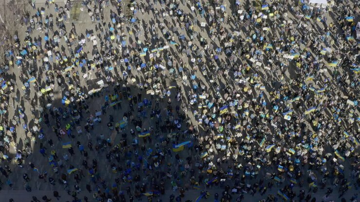 Hundreds Of Protesters With Ukrainian Flags Assembly At Vancouver Art Gallery During The Russo-Ukrainian War In Canada
