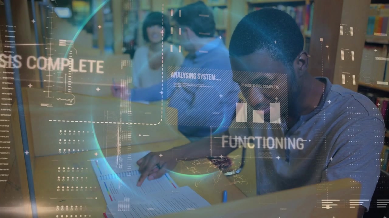 Animation of data processing over african american male student with laptop