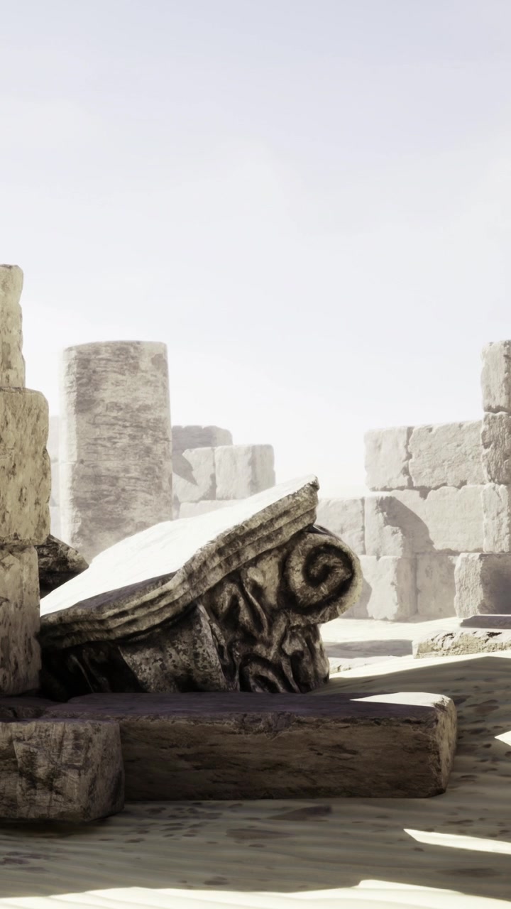 Antiche rovine in pietra con colonne e frammenti in un paesaggio sabbioso