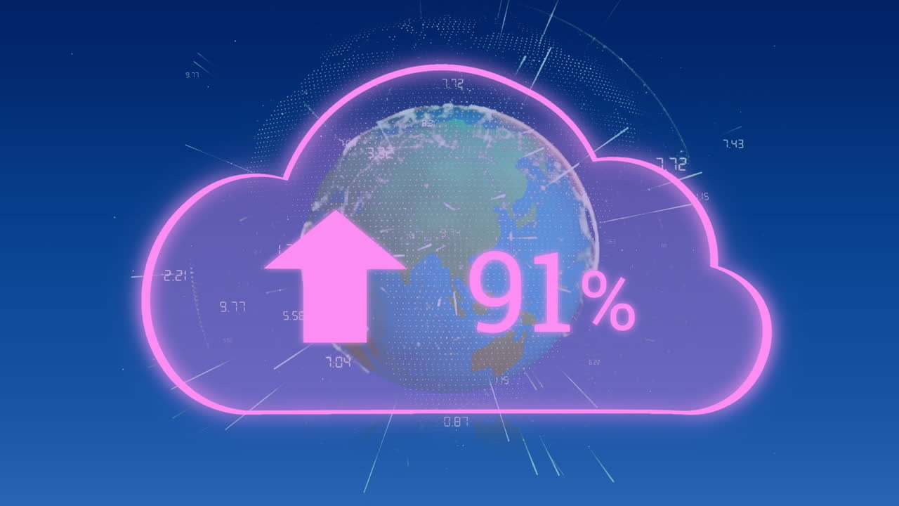 다양한 숫자와 회전하는 지구를 통해 업로드하는 구름의 애니메이션
