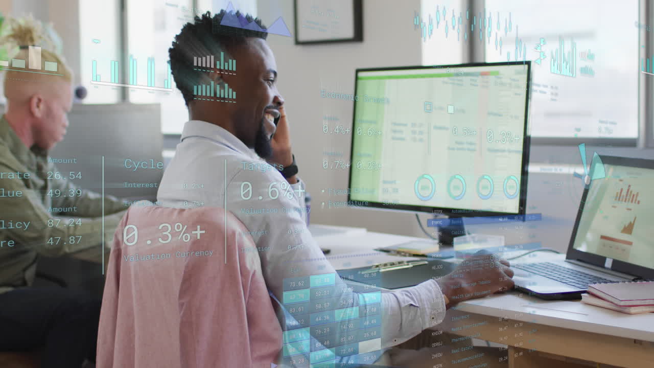 Animation of financial data processing over diverse business people in office