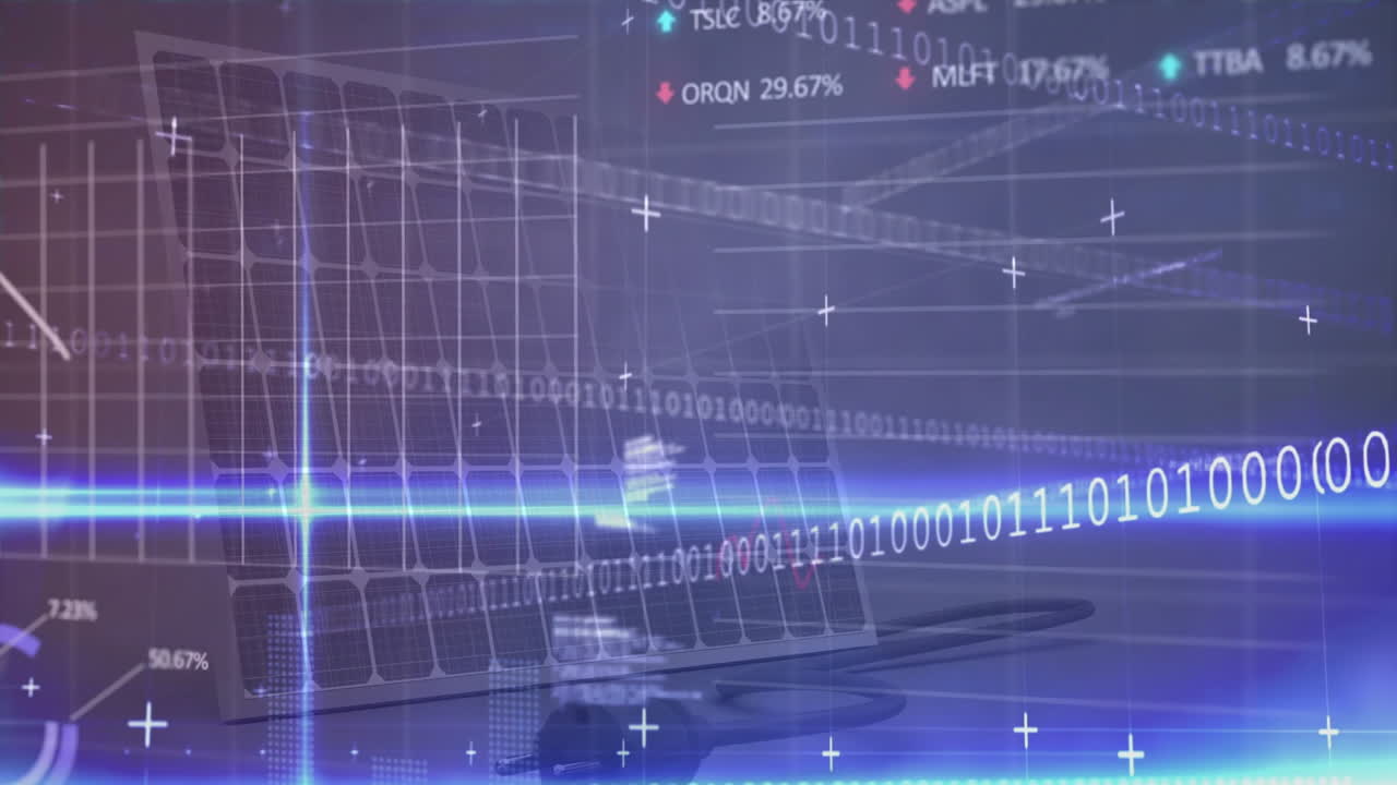 Binary code and stock market data animation over solar panels and cityscape
