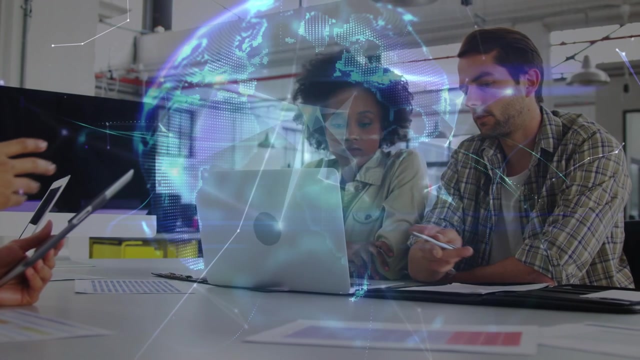 Diverse Team Collaborating on Project with Digital Global Network Overlay