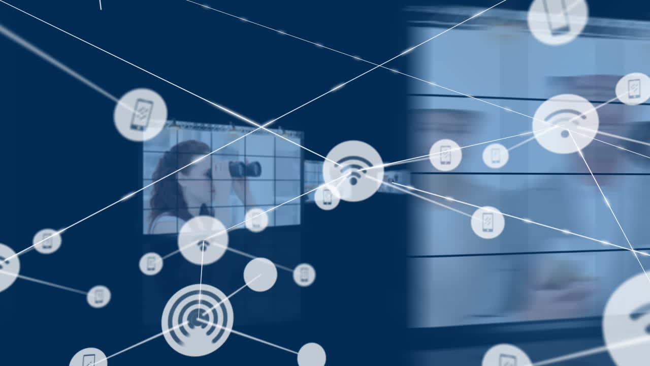 Animation of network of digital icons against multiple screens with business data processing