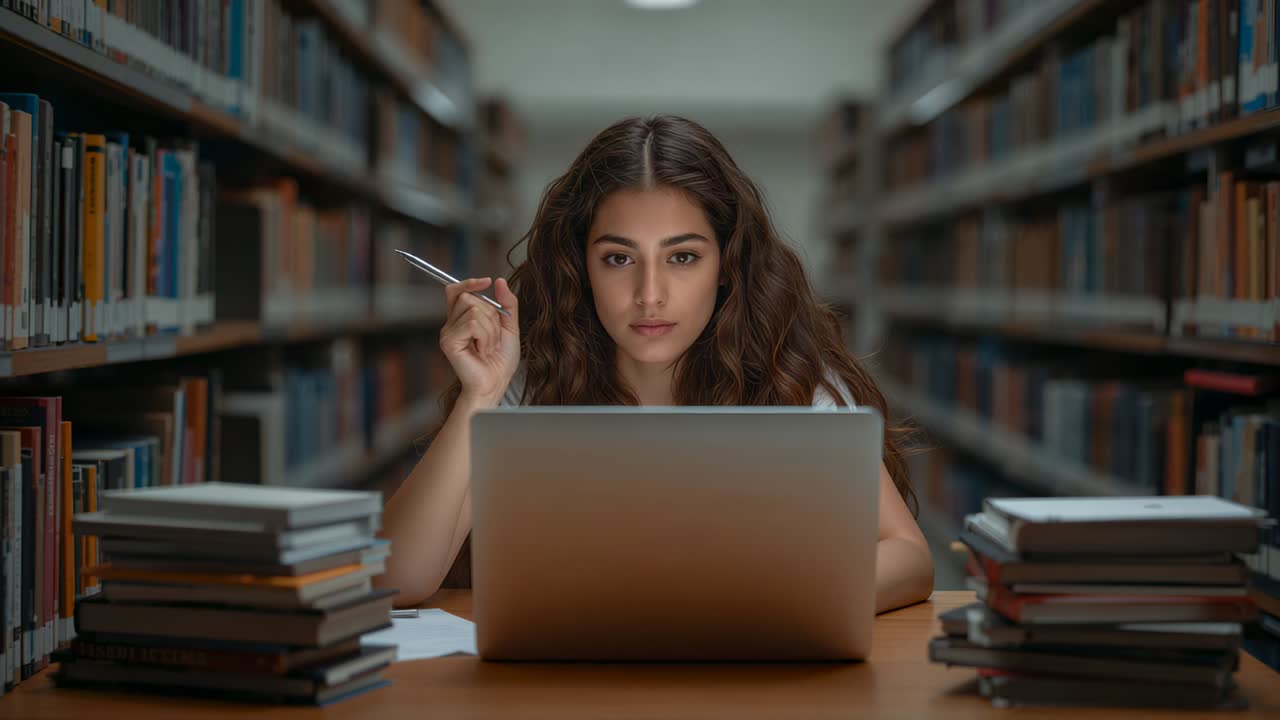 Kvinne åpner en sølvfarget laptop og skanner notater mens hun studerer i en bibliotekgang og trommer med en penn