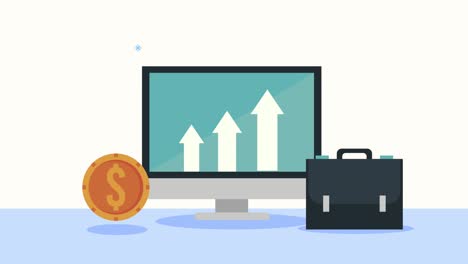 desktop with arrows statistics and coins