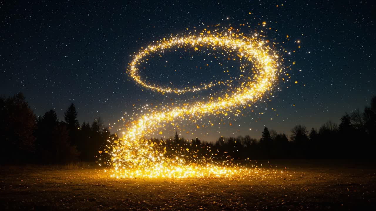 A mesmerizing display of luminous golden particles swirling in a captivating spiral formation against a night sky filled with twinkling stars, creating a magical illusion of sparkles