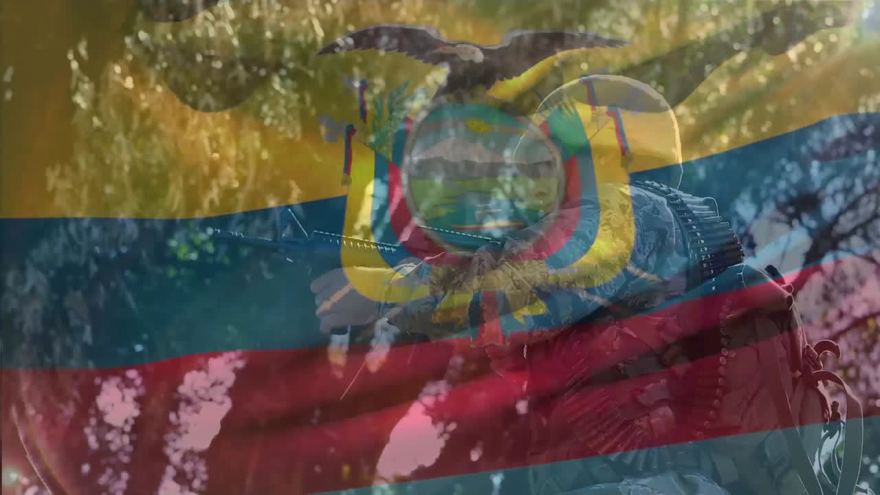 animación de la bandera de ecuador ondeando en un ángulo bajo vista de un soldado caucásico de pie con un arma