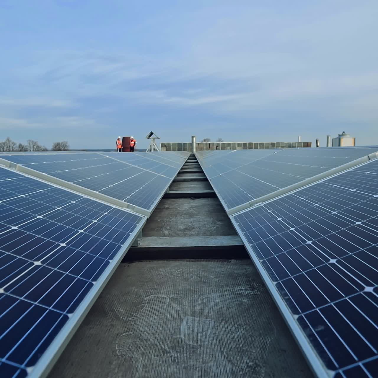 Modern solar farm with sunny batteries. Photovoltaic solar panels for collecting ecological energy from the sun. Long blue solar panels.