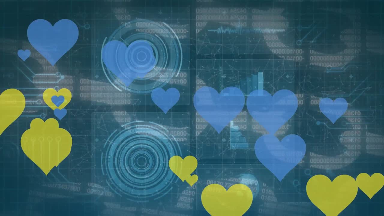 데이터 처리의 애니메이션과 파란색 배경에 있는 심장