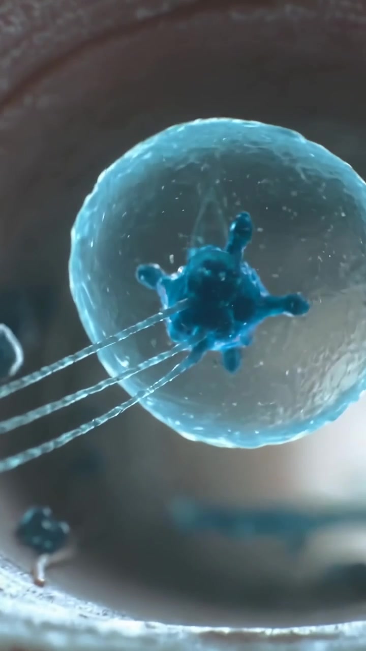 Vertical video: Bubbles drifting revealing blue vesicle pulling tethers in lumen, shedding droplet