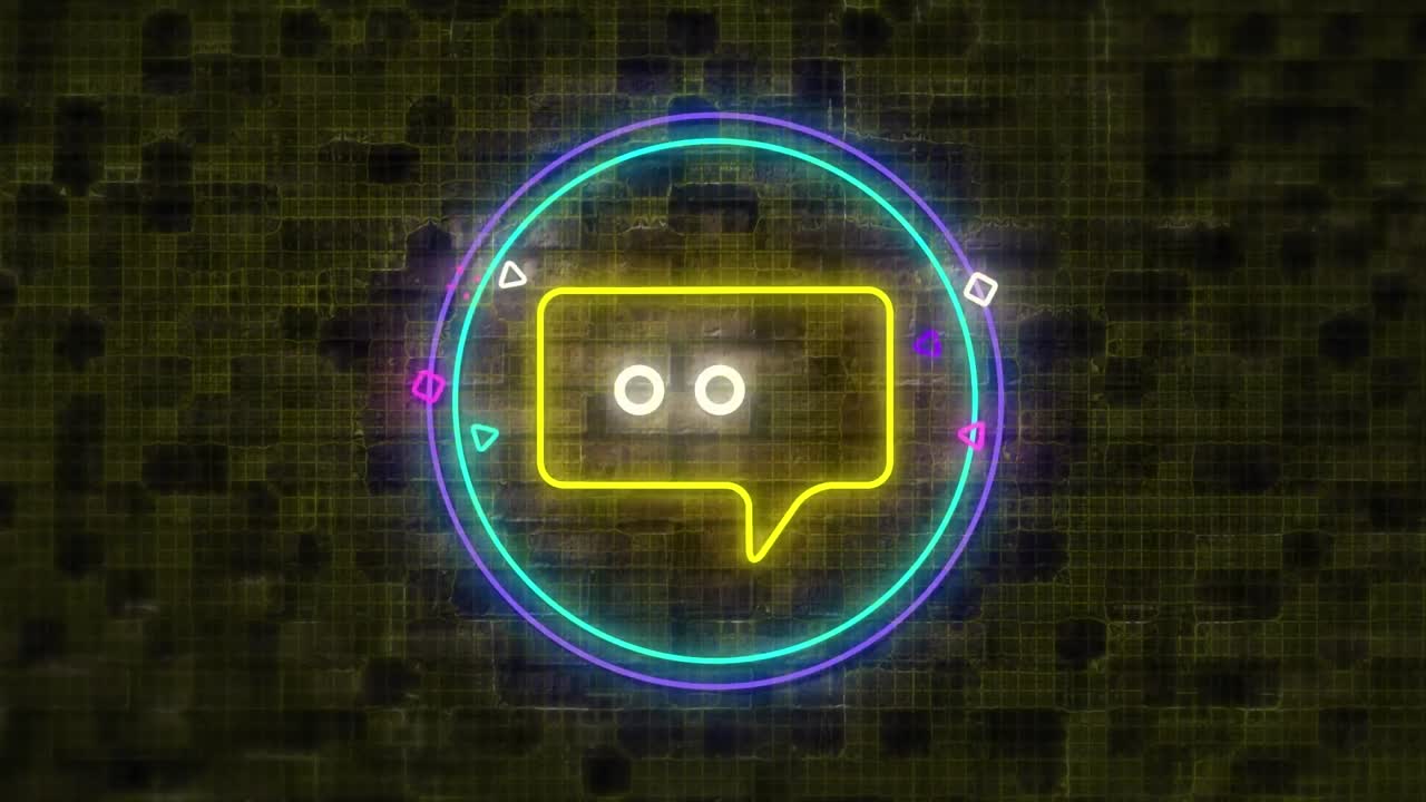 Digital animation of neon yellow message icon over circular banner against brick wall