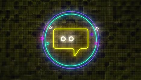 Digital-animation-of-neon-yellow-message-icon-over-circular-banner-against-brick-wall
