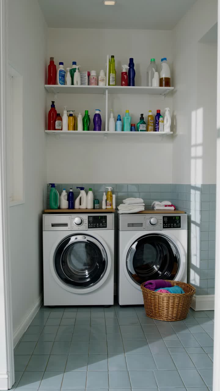 A bright, organized laundry room with front-load washers, colorful bottles on shelves