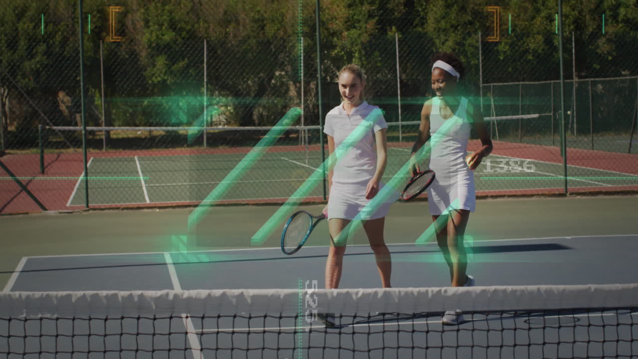 two women walking on tennis court, displaying holographic technology data graphics overlay