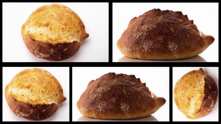 Freshly baked bread rotates on a white background, collage, top and front view, stop motion, 3D.