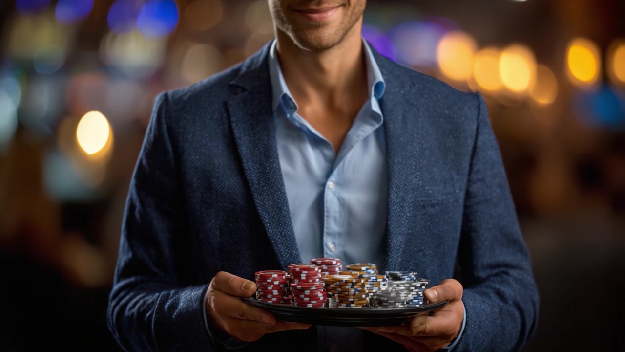 Atmosferi Zenginleştiren Bulanık Arka Plan Işıklarıyla Canlı Bir Kumarhane Ortamında Tepside Bir Dizi Renkli Poker Fişi Sergileyen Kendinden Emin Bir Adam