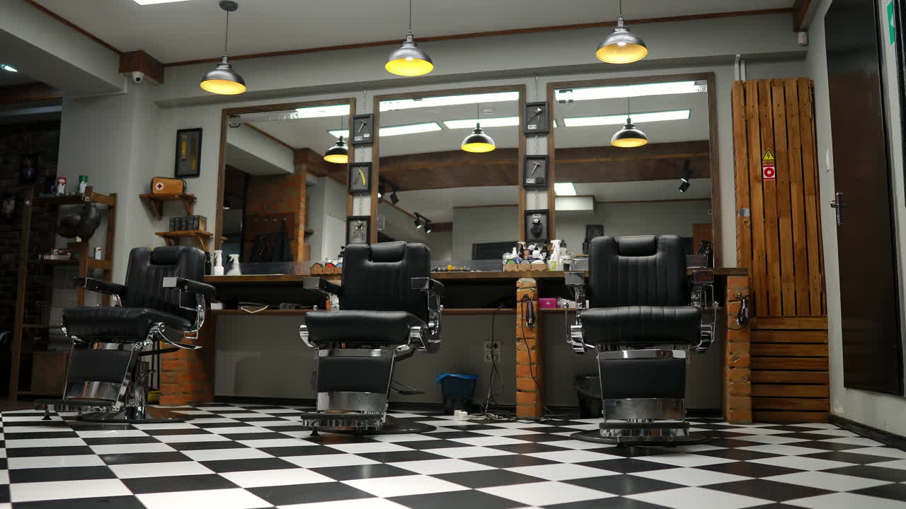 the camera on the Steadicam shows the interior of a Barber shop with a beautiful design.