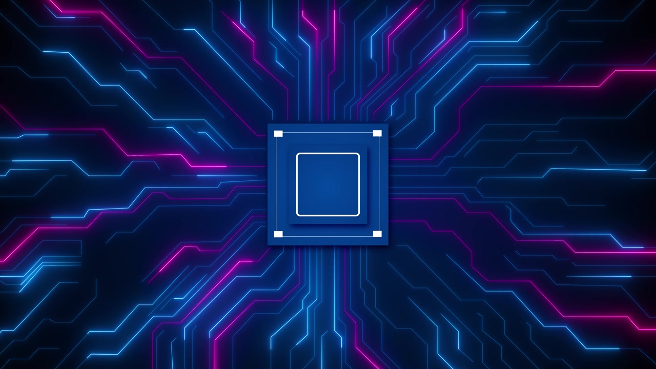 Neon circuit chip background with blue and magenta pathways glowing processor center digital traces