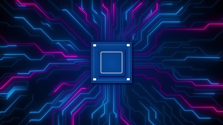 Sfondo con chip di circuito al neon, percorsi blu e magenta, centro processore luminoso e tracce digitali