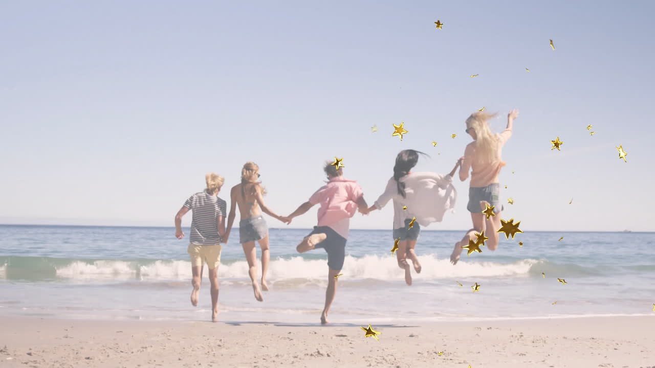 Group of friends joyfully jumping on beach with golden stars animation