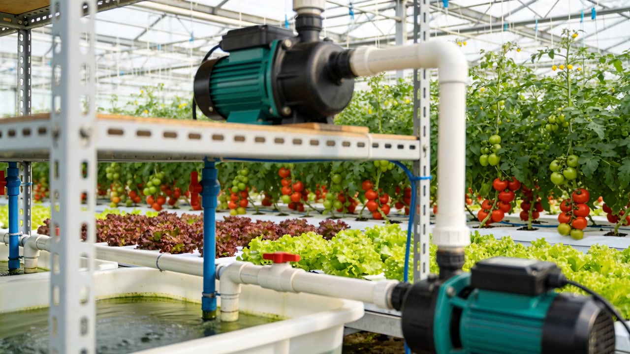 Power cable powering two pumps pumping water via PVC in greenhouse, irrigating lettuce and tomatoes