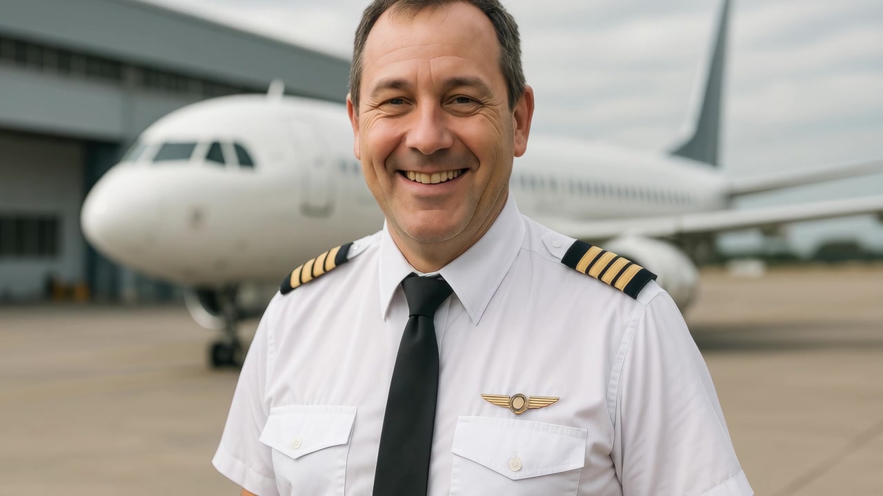 Professional Male Pilot Smiling in Front of a Commercial Airplane